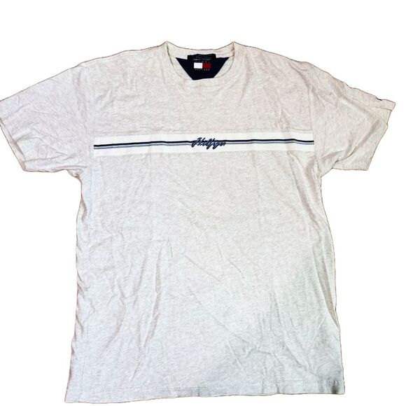 Y2K Tommy Hilfiger Spell Out Shirt Heather Gray Embroidered Vintage Mens Medium - Picture 1 of 8